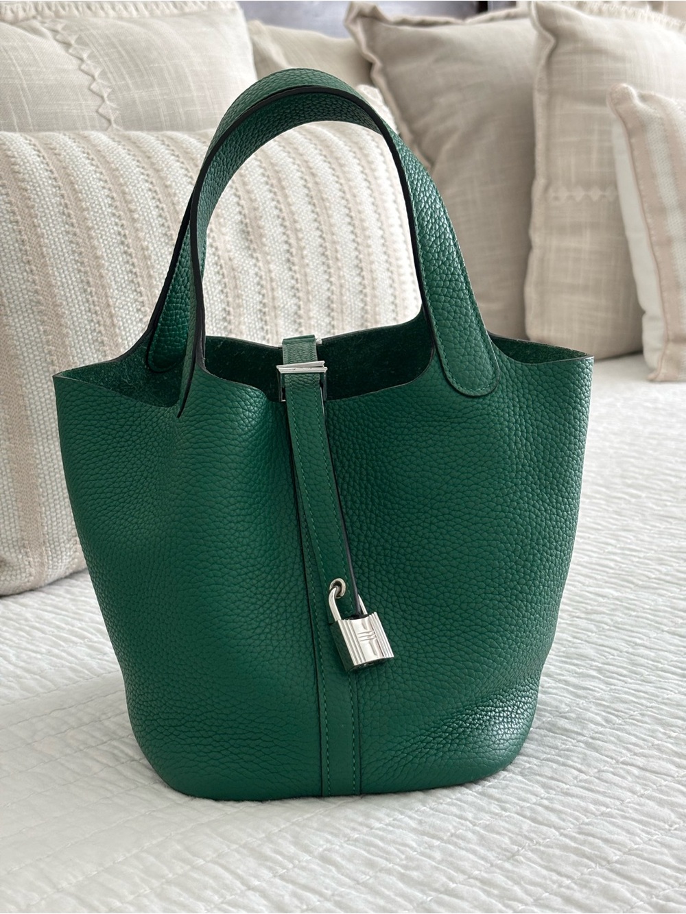 Designer Inspired Emerald Green Pebbled Leather Bucket Purse with Silver Lock